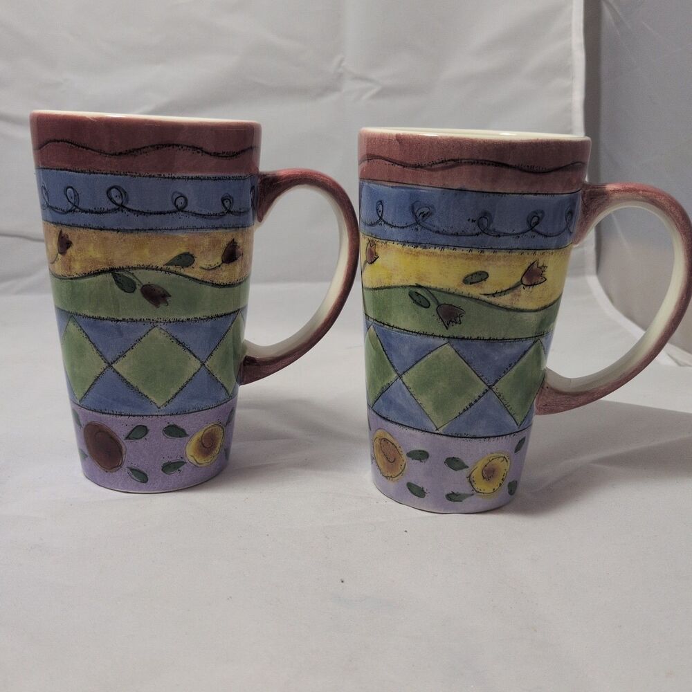 Vintage Sango Sue Zipkin Sweet Shoppe Latte Mugs Tall Coffee Cups Set of 2